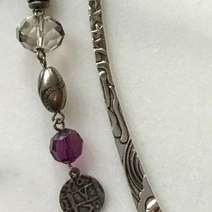 Tibetan Metal Bookmark Sun & Stars Engraved Silver and Purple Beads